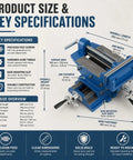 Heavy Duty 11 Inch Cast Iron Milling And Drill Press Vise Features Straight Up Smooth Cross Slide Motion For Twin Axis Accuracy on a blue background with detailed specs.