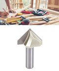 Top Tier 90 Degree V Groove Router Bit With 1/2 Inch Shank For Woodworking Projects shown on a workspace among tools.