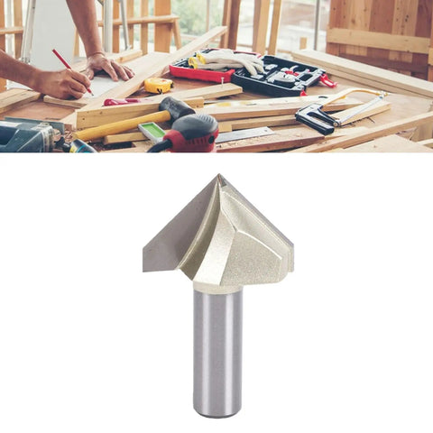 Top Tier 90 Degree V Groove Router Bit With 1/2 Inch Shank For Woodworking Projects shown on a workspace among tools.