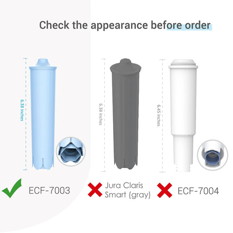 Front view of EcoAqua replacement coffee filters: blue ECF-7003, gray Jura Claris Smart, white ECF-7004.