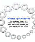 Top Notch 55 Piece 7/16 Inch Flat Washers Made From Gnarly 18-8 Stainless Steel, showing diverse sizes in a circular arrangement.