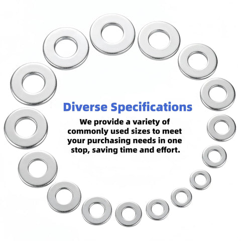 Top Notch 55 Piece 7/16 Inch Flat Washers Made From Gnarly 18-8 Stainless Steel, showing diverse sizes in a circular arrangement.