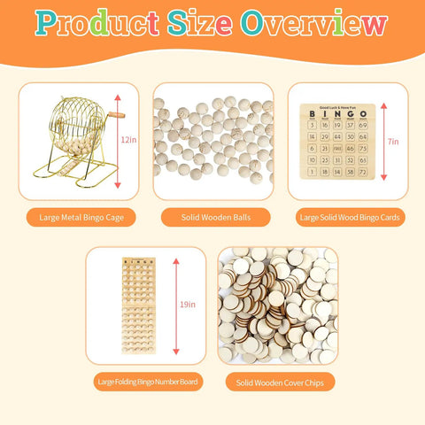 Product Size Overview of Deluxe Wooden Bingo Game Set With Large Metal Cage, 75 Balls, 25 Reusable Cards, Number Board, 700 Chips