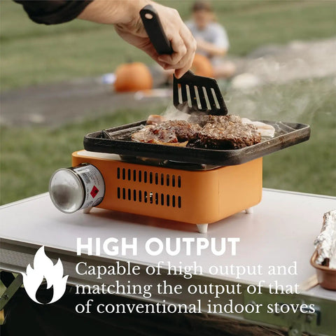 Butane Camp Stove For Hiking And Camping From The Crate Series, Portable Mini Gas Stove With Spiral Flame in use on table