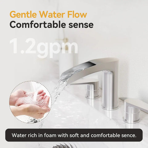 Brushed Nickel Waterfall Bathroom Faucet For Your Vanity Sink Widespread 3 Hole 8 Inch Design Solid 304 Stainless Steel Construction