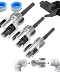 2026 New Pipe Tapping And Threading Tool For PVC Pipes One Half Three Quarter And One Inch Sizes Pro Grade Carbon Steel Dual Function Internal And External Threader Compatible With All Electric Drills Fast And Durable All In One Tool shown with pipe fittings and gloves