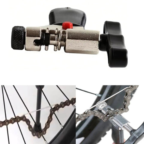 Chain Repair And Maintenance Tools Kit With Link Pliers Chain Breaker Splitter Chain Checker Missing Links And Chaingang Cleaning Brush; close-up of chain breaker and splitter tool with bicycle chain application.