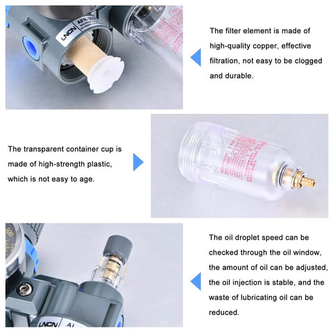Close-up of One Quarter Inch Air Compressor Filter With Integrated Pressure Regulator Water Oil Trap Separator and Lubricator Cup AFC2000 components.