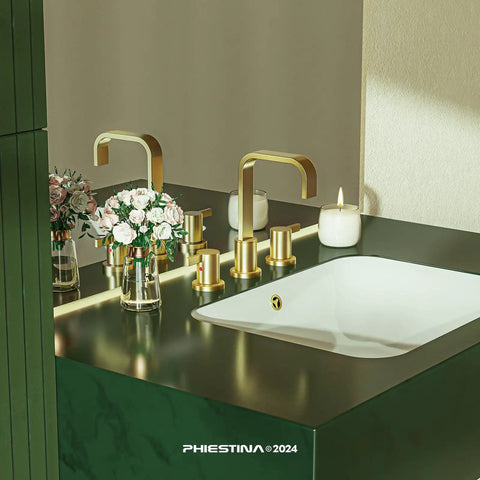 8 Inch Brushed Gold Widespread Bathroom Faucet With 2 Handles And 3 Holes Hexagonal Design Stainless Steel Pop Up Drain