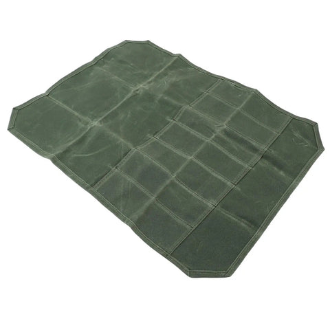 Outdoor Knife Roll Bag Made From Waxed Canvas With Tough As Nails Padded Slots A Portable Knife Pouch OD Green laid flat open