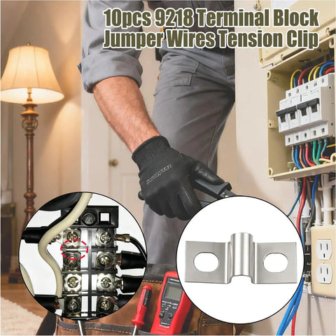 Person connecting 9218 terminal block using Techie Friendly Terminal Block Jumper Wires Tension Clips Kit 10 Pieces.