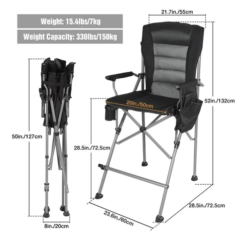 Extra Tall Folding Director Chair For Big And Tall Adults Up To 330 Lbs Bar Height Portable Camp Chair with dimensions and features