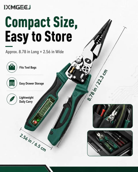 4 In 1 Wire Stripping And Testing Pliers With Built In Voltage Tester For Cutting, Crimping, And Pulling Wires, Handy On The Job Electrician Tool Pliers That Are Compact, Durable, And Easy To Store, Green. Compact 8.78 in pliers with voltage tester and storage size