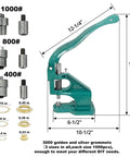 Heavy Duty Hand Press Eyelet Grommet Kit With Three Interchangeable Dies For Sizes 0, 2 And 4 Plus 1500 Silver Grommets, includes dimensions.
