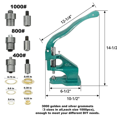 Heavy Duty Hand Press Eyelet Grommet Kit With Three Interchangeable Dies For Sizes 0, 2 And 4 Plus 1500 Silver Grommets, includes dimensions.