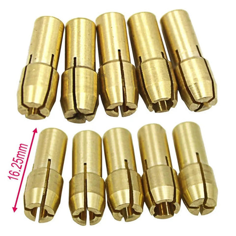 Six Sets Brass Collet Set For Mini Drill Chucks 0.5 To 3.2mm Rotary Tool Kit showing brass collets with four jaw design.