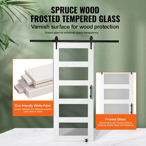 Front view of Glass Sliding Barn Door With Solid Wood Frame 30 By 84 In Includes 5.5Ft Sliding Door Hardware Kit With Handle And Floor Guide Frosted Tempered Glass Waterproof And Scratch Resistant Pre Drilled For Easy Assembly Left Or Right Sliding