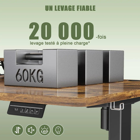 Heavy Duty Electric Standing Desk With Dual Memory Buttons And Rock Solid Brown Surface Seriously Built Tough For Gaming And Remote Work Grind Super Smooth Motor Lift Keeps Your Spine Happy with 60KG weights on a wooden surface.