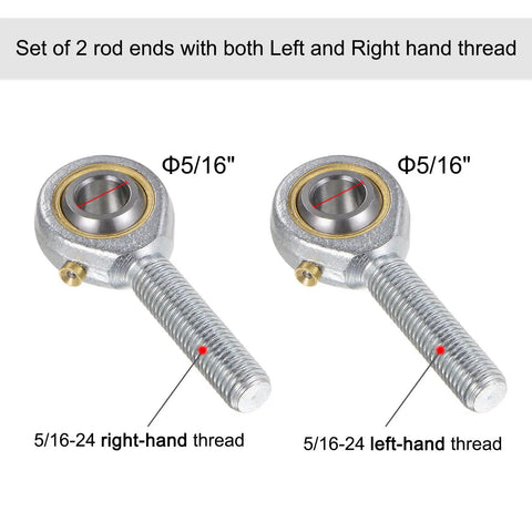5/16 Inch Male Rod End Bearing Set With Jam Nut 2 Pack Left And Right Hand Thread 5/16-24 For Smooth Motion In Mechanical Linkages And Steering Arms Constructed From 45 Steel For Rugged Durable Performance, 5/16-24 right- and left-hand threads