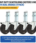 No Nonsense Heavy Duty Scaffolding Casters 5 Inch With Dual Lock Brakes 4 Pack 440 Lbs Load Per Wheel square stem design