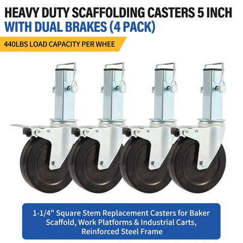 No Nonsense Heavy Duty Scaffolding Casters 5 Inch With Dual Lock Brakes 4 Pack 440 Lbs Load Per Wheel square stem design