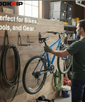 Heavy Duty Garage Wall Hooks Set With Anti Rust PVC Coating hanging a bike and tools in a garage organizer system.