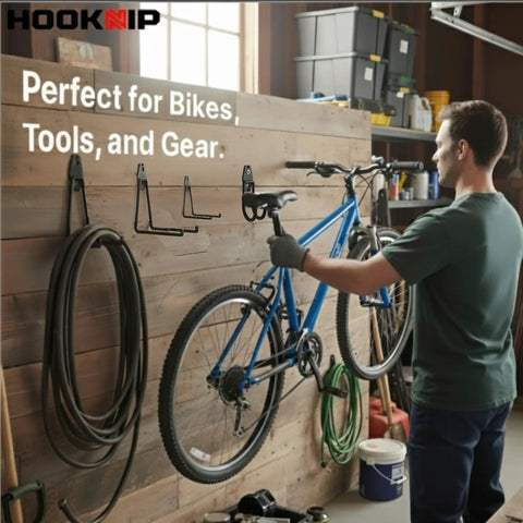 Heavy Duty Garage Wall Hooks Set With Anti Rust PVC Coating hanging a bike and tools in a garage organizer system.