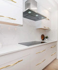 Modern kitchen with Low Profile Brushed Brass Cabinet Pulls Set With Double Hole Centers For Drawers And Wardrobes, zinc alloy handle.