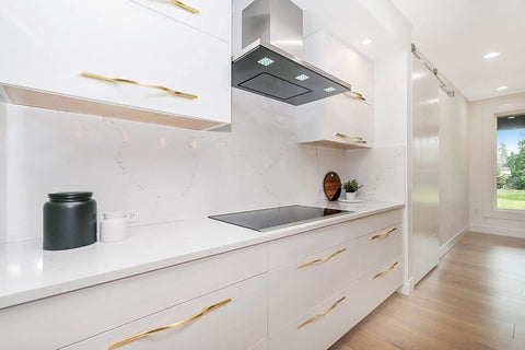 Modern kitchen with Low Profile Brushed Brass Cabinet Pulls Set With Double Hole Centers For Drawers And Wardrobes, zinc alloy handle.