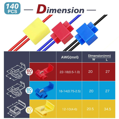 140 Piece DIY Ready Quick Splice Wire Connector Set For 22 To 18 AWG 16 To 14 AWG And 12 To 10 AWG in red blue yellow.
