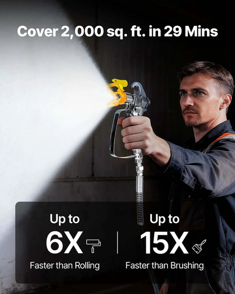 Pro Level Stand Airless Paint Sprayer Beefy 900W Motor, operator using sprayer, fast coverage on wall surface.