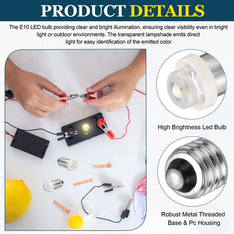 Super Badass Slick E10 Screw Base LED Bulbs Twin Pack DC 12 Volts 0.75 Watt Mini Indicator Lamps in use with battery and clips.