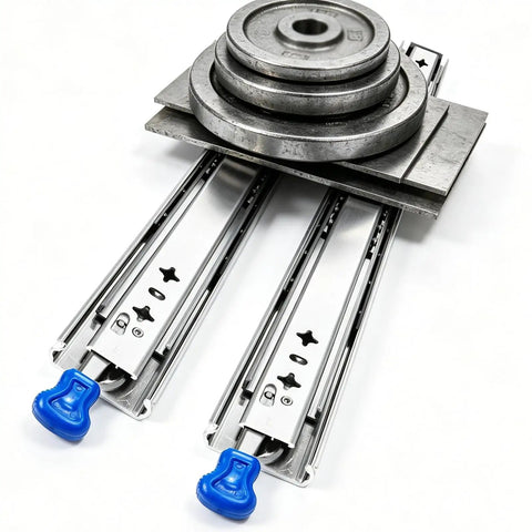 Heavy Duty Ball Bearing Drawer Slides Full Extension Steel Runners With Rubber Guard Furniture Hardware holding weight plates.