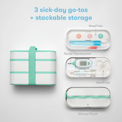 All In One Baby Health Care On The Go Travel Kit With NoseFrida Snotsucker Rectal Thermometer MediFrida Medicine Dispenser And Portable Carrying Case Ideal Gift Set For Parents displayed with labeled storage compartments.