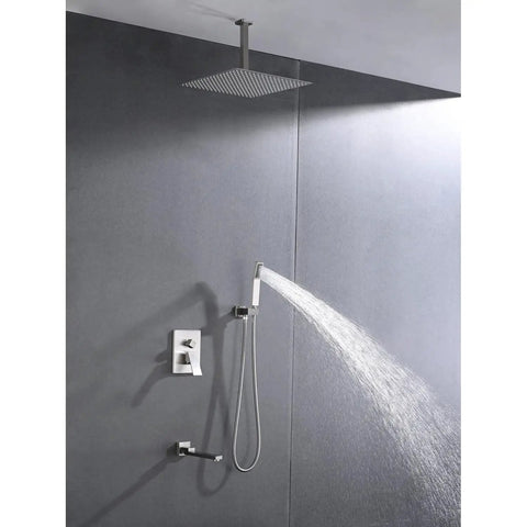 Shower System Combo with Hand Shower and Tub Spout, brushed nickel, featuring overhead rain shower and handheld spray.