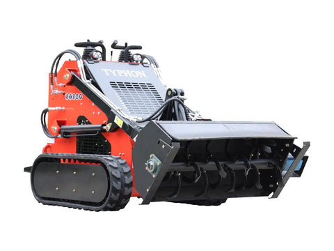 Mini Skid Steer Loader With Rotary Plow Tiller Attachment 1800lbs Capacity, shown from front-left angle, on white background.