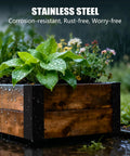 Premium Stainless Steel Raised Garden Bed Corner Brackets 8 Pack Heavy Duty L Braces on wooden planter with raindrops.