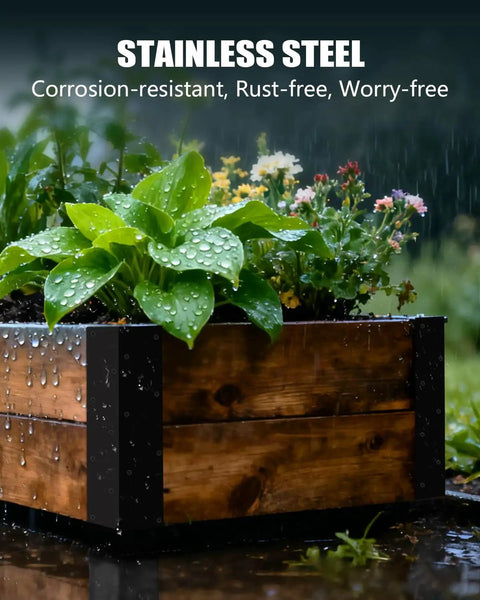 Premium Stainless Steel Raised Garden Bed Corner Brackets 8 Pack Heavy Duty L Braces on wooden planter with raindrops.