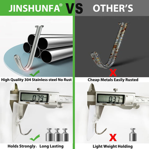 Comparison of Heavy Duty No Drill Adhesive Wall Hooks 13Lb Load, showing stainless steel vs rusted metal hooks