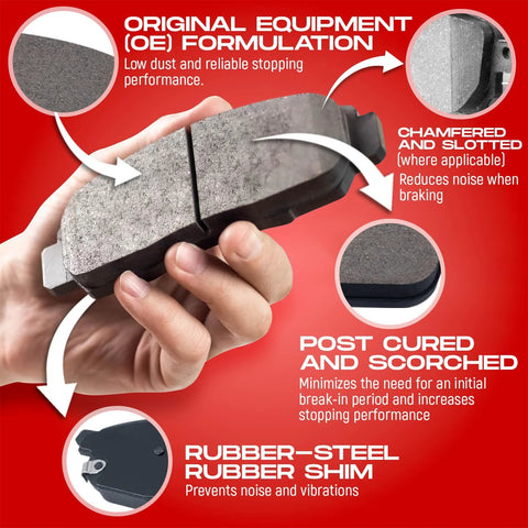 Front brake pads (pair) held in hand; dark friction material for Nissan Sentra 2013–2019