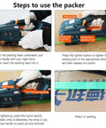 Steps using Kickass Heavy Duty Electric Strapping Tool for quick hot melt sealing with PP PET straps.
