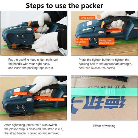 Steps using Kickass Heavy Duty Electric Strapping Tool for quick hot melt sealing with PP PET straps.