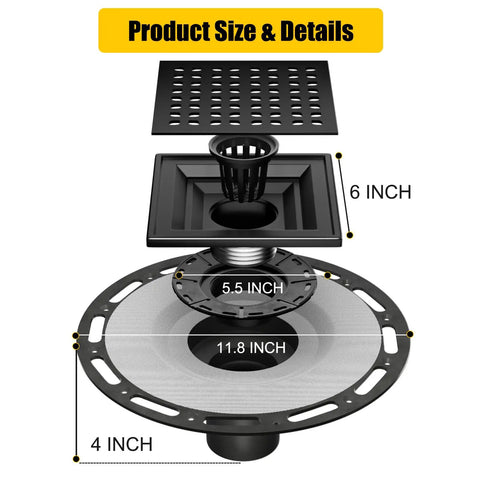 Exploded view of Shower Drain 24 Inch With Removable Pattern Grate Matte Black Stainless Steel 304 Anti Corrosion Built To Last