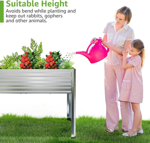 Two Pack Galvanized Raised Garden Bed With Legs For Easy No Bending Gardening, Large Metal Planter Boxes 48 Gallons Each, 48 By 24 By 32 Inches, Drainage Holes, Ideal For Vegetables Flowers Backyard Patio Balcony, woman watering.