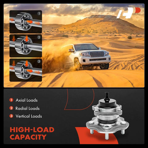 Two Pack Rear Wheel Bearing And Hub Assembly With ABS For FWD Toyota Lexus And Scion Models 2006 Through 2021 Including RAV4 HS250h NX200t NX300 NX300h iM And tC Not For AWD 5 Lug Bolt Pattern Plug N Play Direct Fit Replacement with high-load capacity diagram