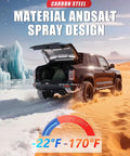 Carbon steel truck with rear cargo door open in a desert beside ice formations, showcasing temperature durability from -22°F to 170°F.