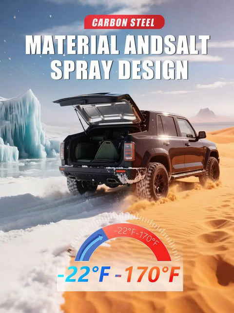 Carbon steel truck with rear cargo door open in a desert beside ice formations, showcasing temperature durability from -22°F to 170°F.
