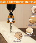 Countersink drill bit with depth stop and orange knurled collar, positioned against a wooden plank during drilling.