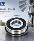 Windmill Bearing Repair Kit with Sealed Bearings One Half Inch Inner Diameter and One and Three Eighths Inch Outer Diameter shown with measurements