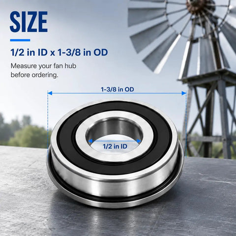 Windmill Bearing Repair Kit with Sealed Bearings One Half Inch Inner Diameter and One and Three Eighths Inch Outer Diameter shown with measurements
